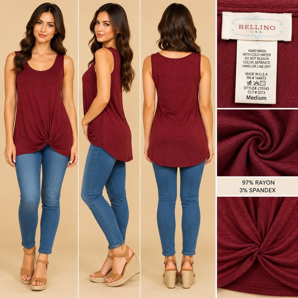Bellino Tank Top Women Medium Burgundy Casual Chic Minimalist Front Knot JT0143